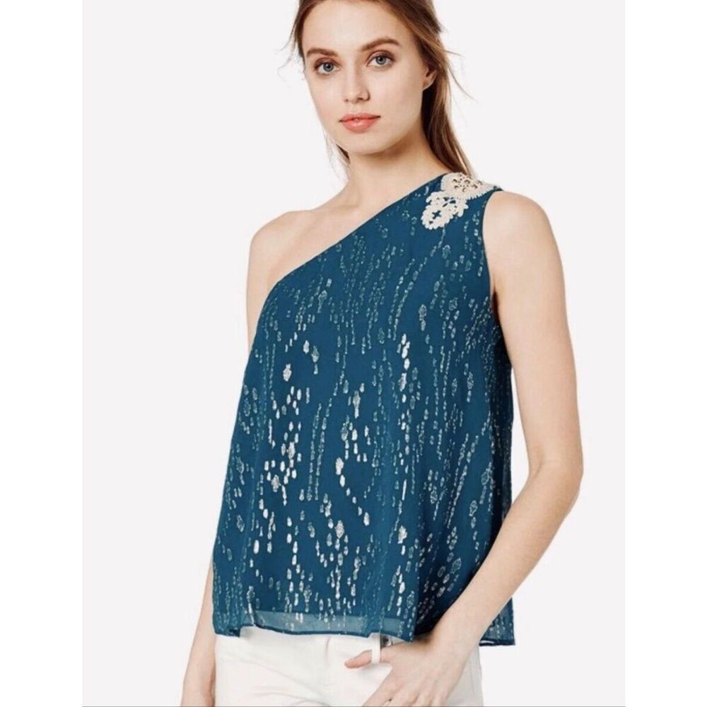 Lilly Pulitzer Sienne One Shoulder Top Teal Chiffon Metallic Embellished Mermaid
